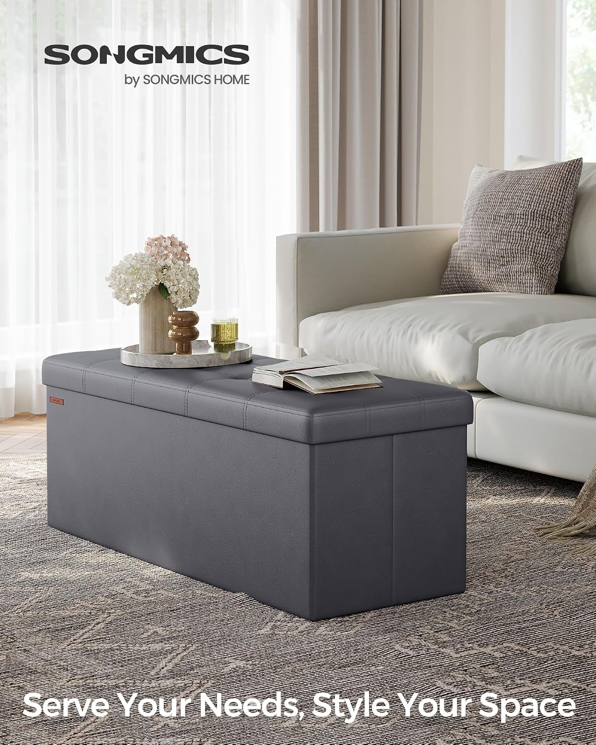 SONGMICS MAZIE Collection - 43 Inches Folding Storage Ottoman Bench, Ottoman with Storage, Foot Rest Stool, Load 660 lb, for Living Room, Synthetic Leather, Black ULSF701