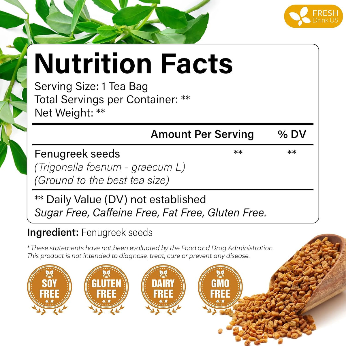 FreshDrinkUS, Premium Fenugreek Tea Bag, 75 Count, Pure, Caffeine Free