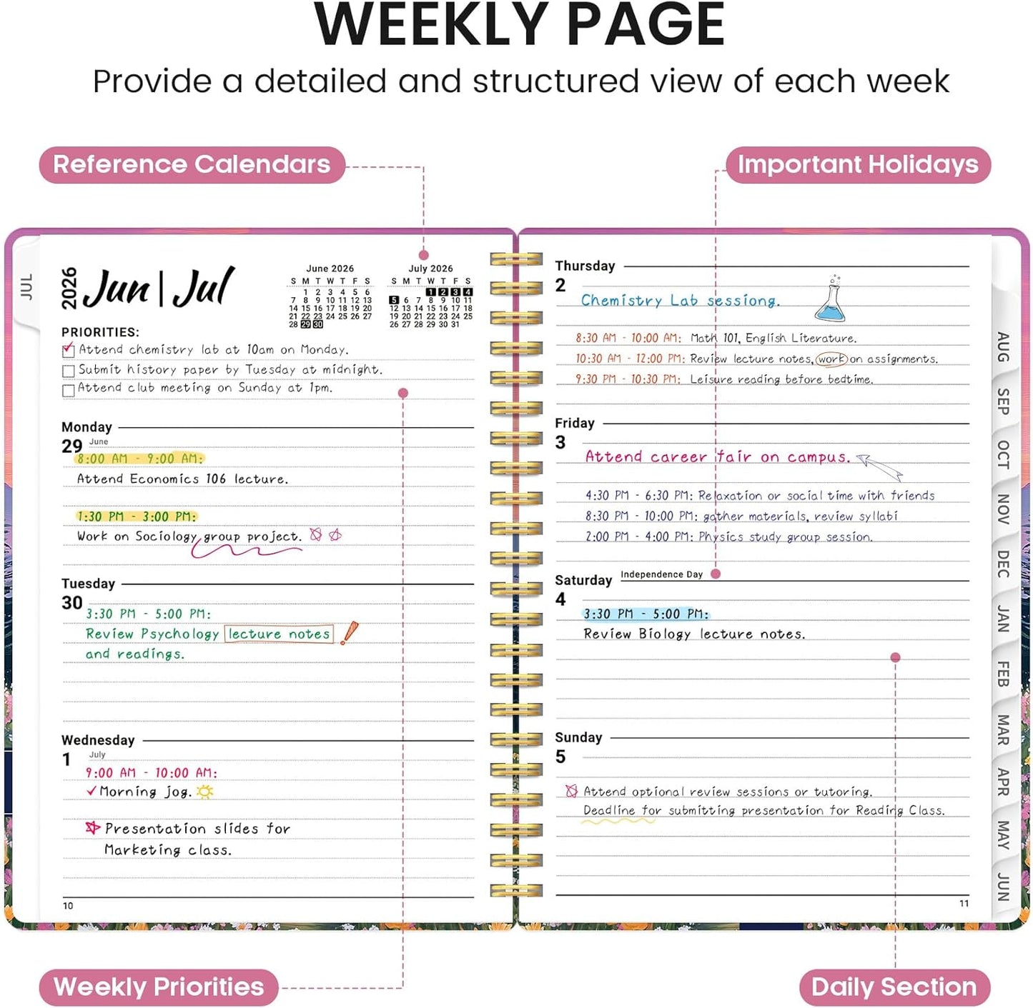 Planner 2026-2027, Academic Monthly and Weekly Calendar Planner for Women, July 2026 - June 2027, Hardcover Pretty Agenda Planner Book with Tabs, Spiral Daily Organizer for School Office Home Supplies, 6.3" x 8.5" - Blue Floral