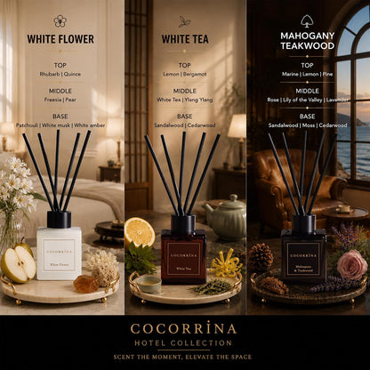 COCORRÍNA Hotel Collection Reed Diffuser Set, 3.04 fl oz Trio, Mahogany Teakwood, White Flower & White Tea, Home Fragrance for Bathroom, Bedroom, Entryway & Office