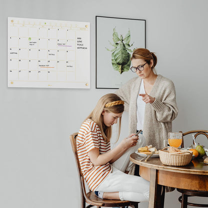 Black Glass Golden Monthly Dry Erase Calendar Whiteboard for Wall, 17" x 23", Frameless Large Planner White Board for Home Kitchen Office, 4 Wet Erase Markers Included, Yeoux
