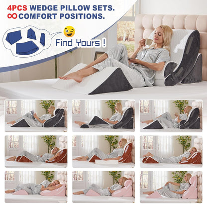 4PCS Orthopedic Bed Wedge Pillow Set for Sleeping, Post Surgery Foam Support Pillows for Back, Neck and Leg Pain Relief, Adjustable Triangle Pillow – Acid Reflux, GERD & Snoring Recovery, White Grey