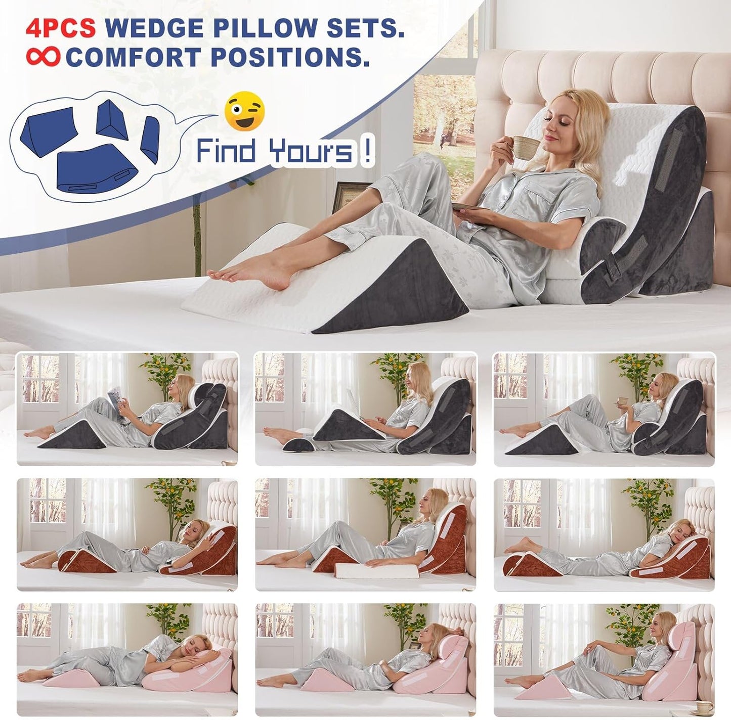 4PCS Orthopedic Bed Wedge Pillow Set for Sleeping, Post Surgery Foam Support Pillows for Back, Neck and Leg Pain Relief, Adjustable Triangle Pillow – Acid Reflux, GERD & Snoring Recovery, White Grey