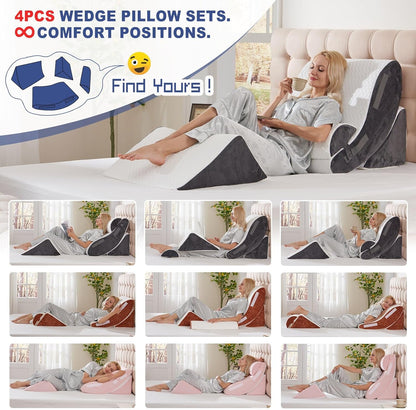 4PCS Orthopedic Bed Wedge Pillow Set for Sleeping, Post Surgery Foam Support Pillows for Back, Neck and Leg Pain Relief, Adjustable Triangle Pillow – Acid Reflux, GERD & Snoring Recovery, White Grey