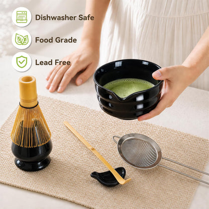 Matcha Whisk Set with Ceramic Bowl - Complete Matcha Making Kit, Bamboo Whisk (Chasen), Whisk Holder, Matcha Powder Sifter, Scoop, Japanese Tea Ceremony Tools（Green）