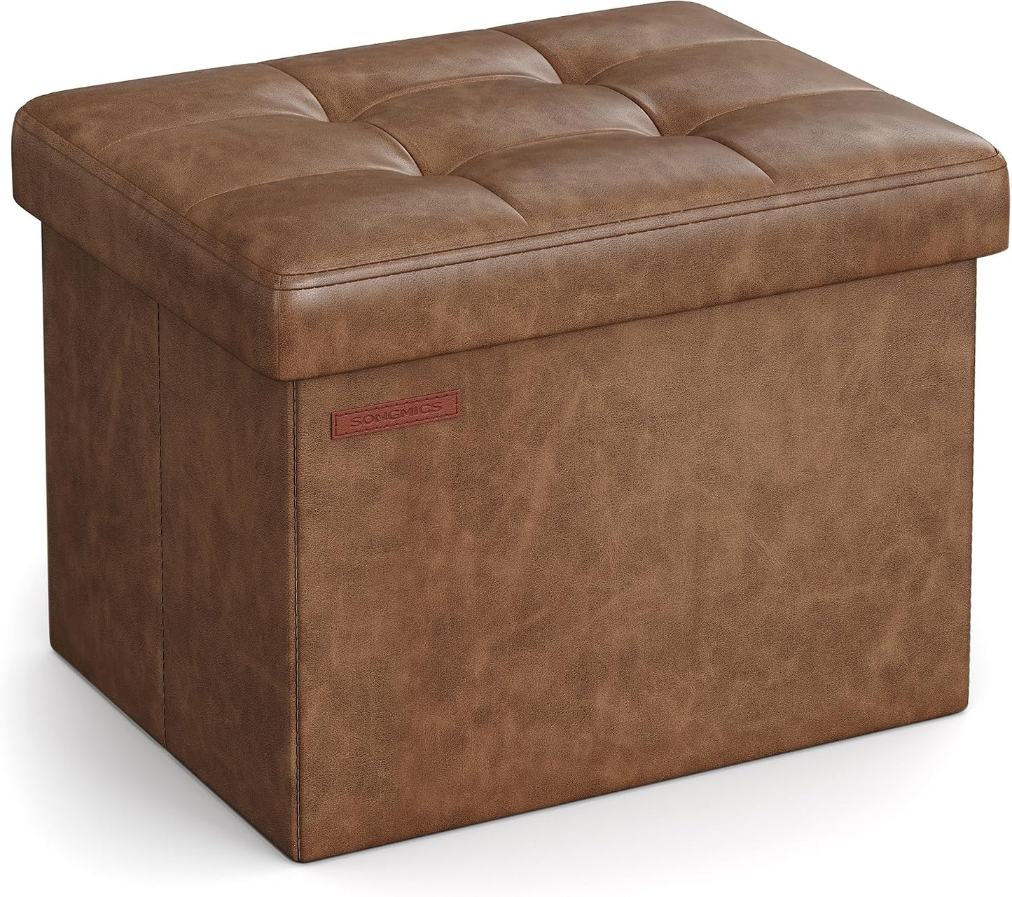 SONGMICS Small Folding Storage Ottoman, Foot Rest Stool, Cube Footrest, Synthetic Leather, 12.2 x 16.1 x 12.2 Inches, 286 lb Capacity, for Living Room, Bedroom, Dorm, Ink Black ULSF100B01