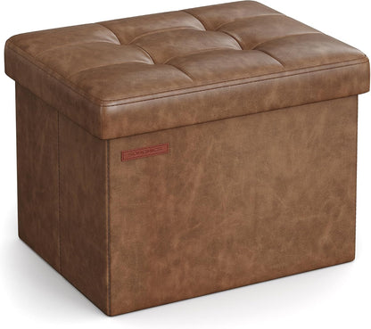 SONGMICS Small Folding Storage Ottoman, Foot Rest Stool, Cube Footrest, Synthetic Leather, 12.2 x 16.1 x 12.2 Inches, 286 lb Capacity, for Living Room, Bedroom, Dorm, Ink Black ULSF100B01