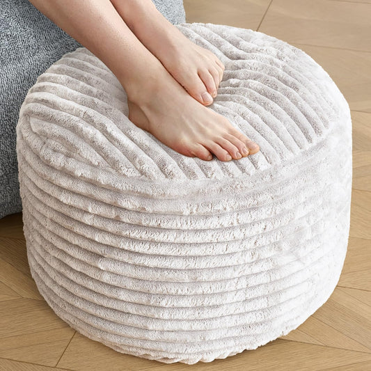SHOUREN Stuffed Round Ottoman,Corduroy Pouf Ottoman Foot Rest with Foam Filling,Pouf Storage Ottoman Footstool for Living Room,20 X 15 Floor Poufs for Couch,Footrest Only - 20 X 15 Inches,Beige