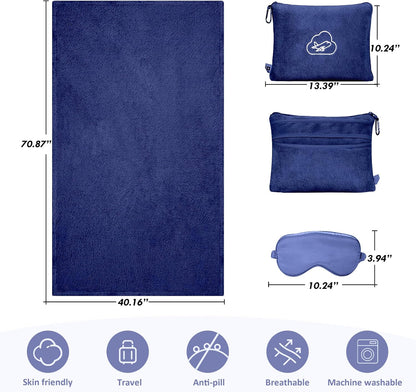 Travel Blanket Pillow,Airplane Blanket Compact with Bag Eye Mask, Ultra-Soft,Warm & Lightweight Included,Travel Essentials for Women & Men, Luggage Sleeve & Backpack Clip 65x40 in, Grey