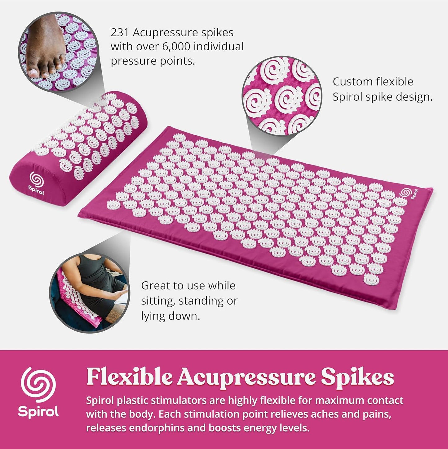 Spirol Acupressure Mat and Pillow Set for Back, Neck and Shoulder Pain Relief, with Flexible Acupressure Spikes, Includes Carry Bag (Onyx)