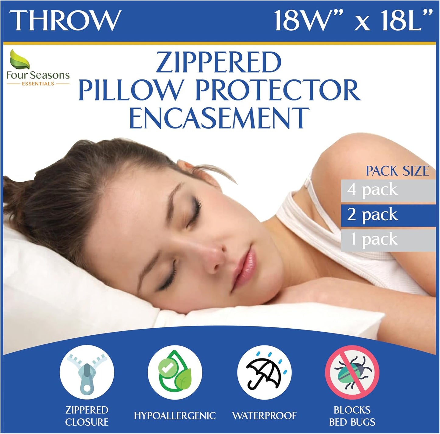 Four Seasons Essentials Standard Pillow Protectors (Set of 2) – Zippered Waterproof Pillow Covers Hypoallergenic Dust Proof Pillowcase Encasement Cover
