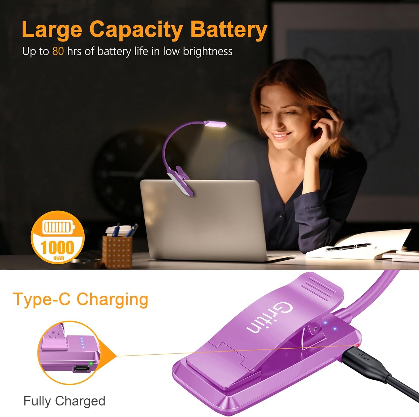 Gritin 9 LED Rechargeable Book Light for Reading in Bed | Eye Caring 3 Color Temps,Stepless Dimming Brightness,80 Hrs Runtime Small Lightweight Clip On Book Reading Light for Studying