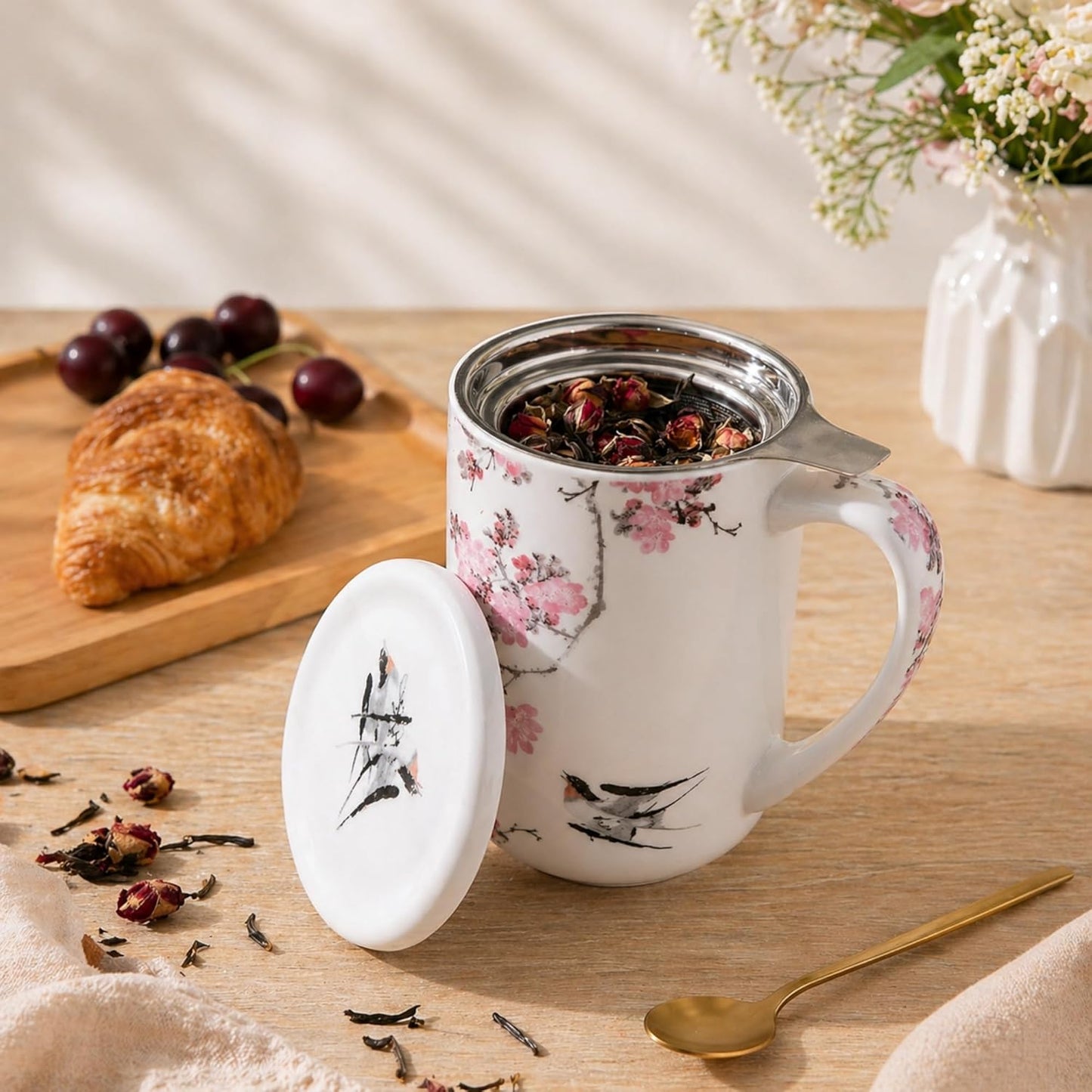 AmorArc Porcelain Tea Mug with Infuser and Lids, 18 Oz Large Cup Strainer with Bag Holder for Loose Leaf Tea, Steeping Coffee Mug for House-warming Wedding Birthday Gift