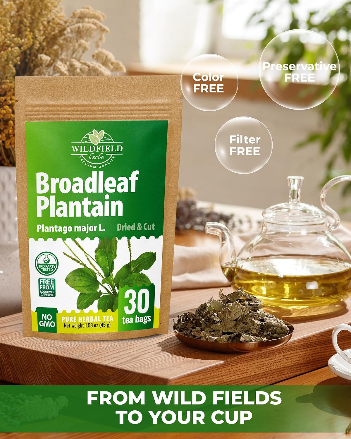30 Bags Plantain Leaf Herb Tea Dried Plaintains Leaves (Plantago Major) - 30 Count 2g Tea Bags Greater Broadleaf Plantain Leaf Llanten