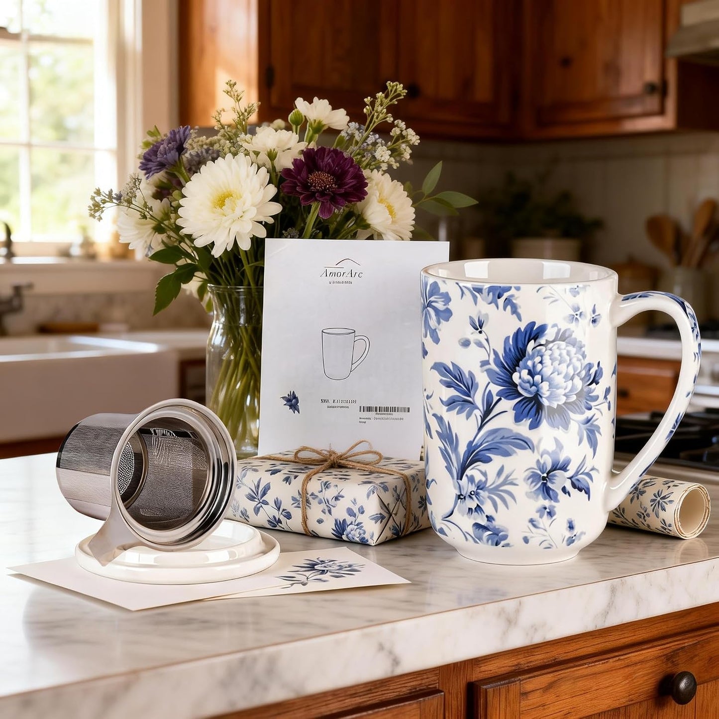 AmorArc Porcelain Tea Mug with Infuser and Lids, 18 Oz Large Cup Strainer with Bag Holder for Loose Leaf Tea, Steeping Coffee Mug for House-warming Wedding Birthday Gift