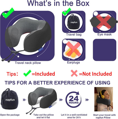 napfun Neck Pillow for Traveling, Upgraded Travel Neck Pillow for Airplane 100% Pure Memory Foam Travel Pillow for Flight Headrest Sleep, Portable Plane Accessories, Light Grey