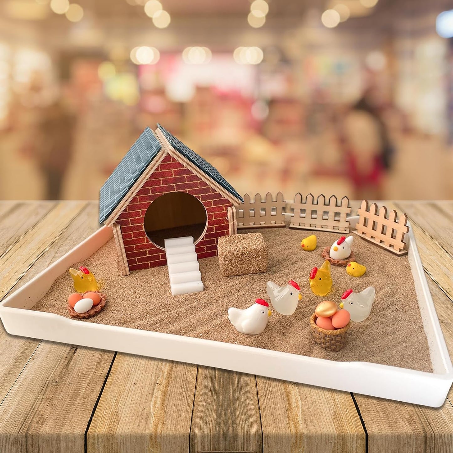 Threeheng Chicken Zen Garden for Desk with Sand Tray and Mini Coop