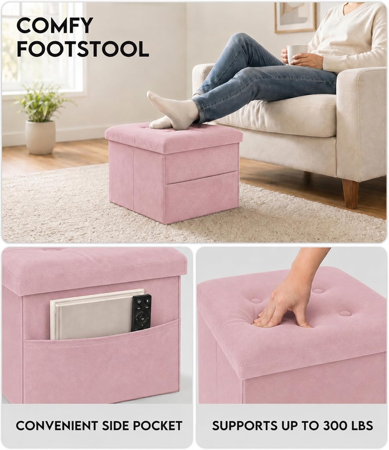 Zoes Homeware Small Storage Ottoman Foot Rest, Velvet Ottoman with Storage and Side Pocket, Black Foot Rest for Couch, Foldable Footstool for Chair, Living Room&Dorm, 16"x12"x12"