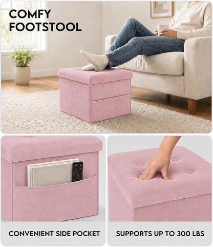 Zoes Homeware Small Storage Ottoman Foot Rest, Velvet Ottoman with Storage and Side Pocket, Black Foot Rest for Couch, Foldable Footstool for Chair, Living Room&Dorm, 16"x12"x12"