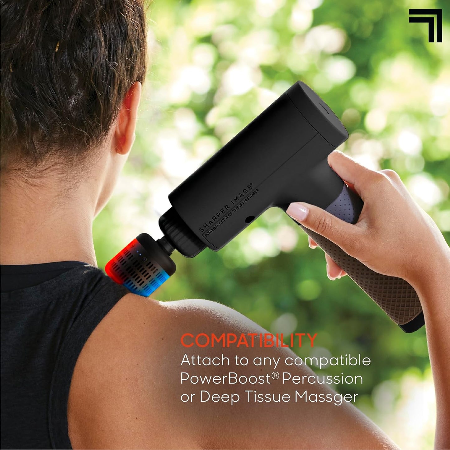 Sharper Image Mini Massage Gun, Powerboost Palm Rechargeable Deep Tissue Percussion Handheld Massager, 4 Adjustable Speeds, 4 Attachment Heads, Full Body Muscle Pain Relief Gift, Black