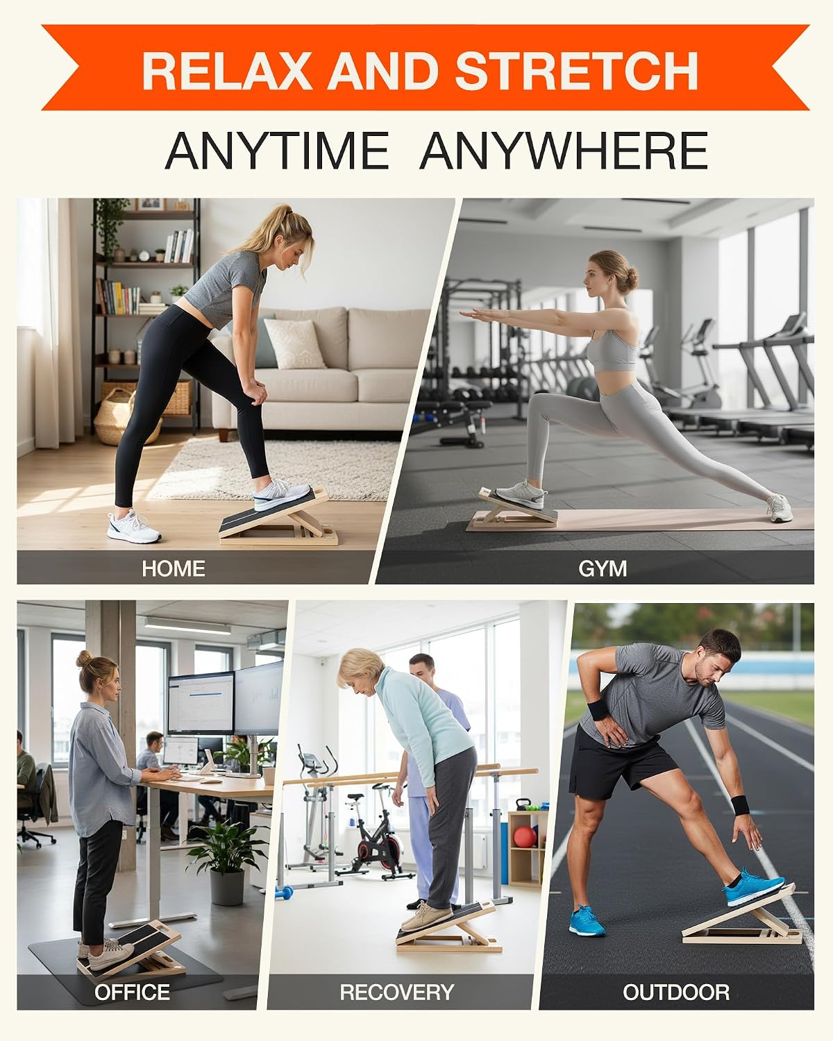 Frylr Portable Wooden Slant Board for Calf Stretching and Exercise, Adjustable Incline Wedge for Squats and Balance