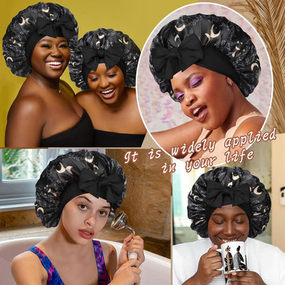 Satin Bonnet for Sleeping Cap Double Layer Hair Bonnet with Elastic Tie Band for Curly Hair Night Cap (Bean Paste + Pink)