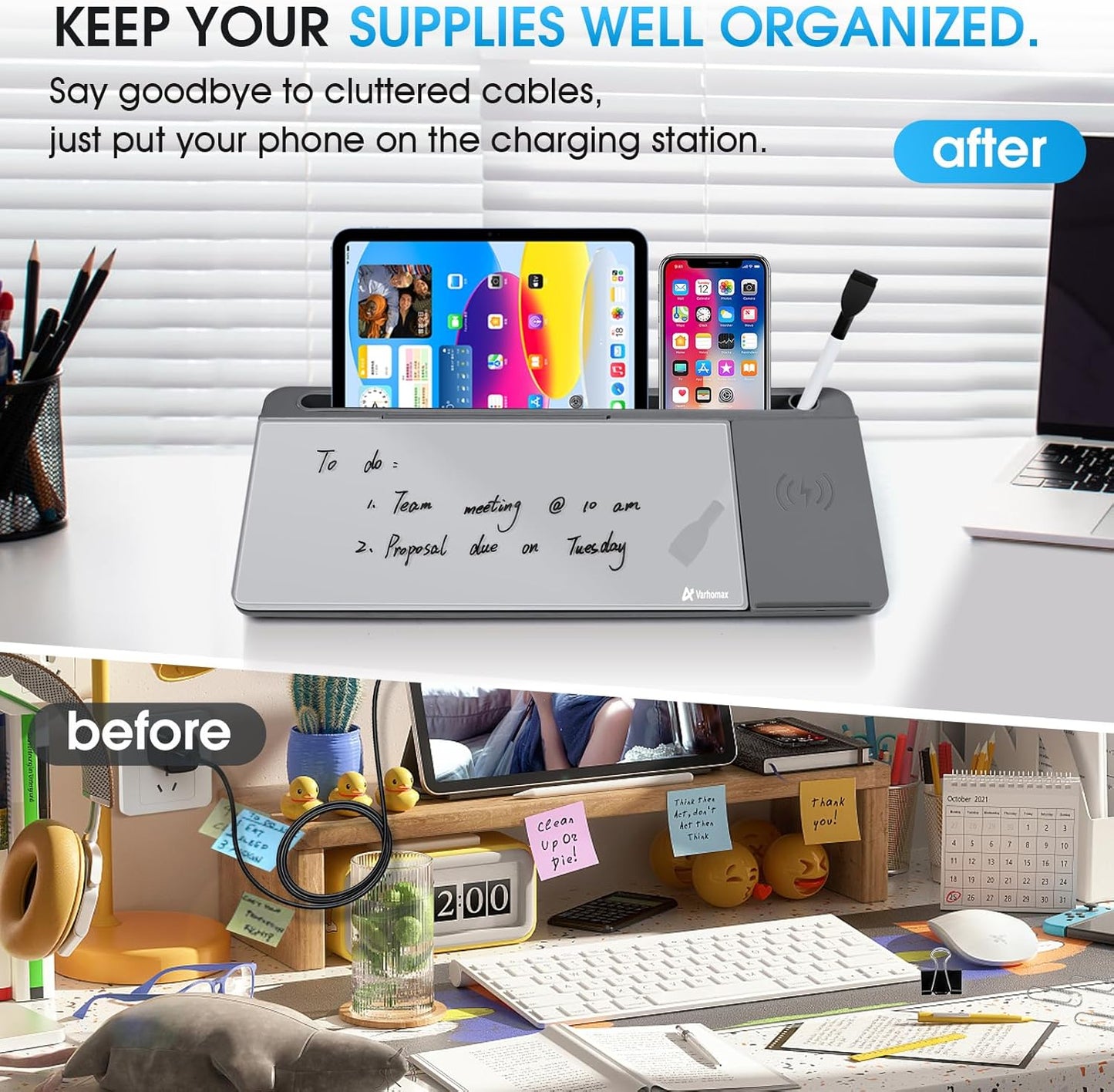 Varhomax Glass Weekly Dry Erase Desk White Board, Desktop to Do List Planner Whiteboard Calendar with Storage Caddy Memo for Home and Office, White
