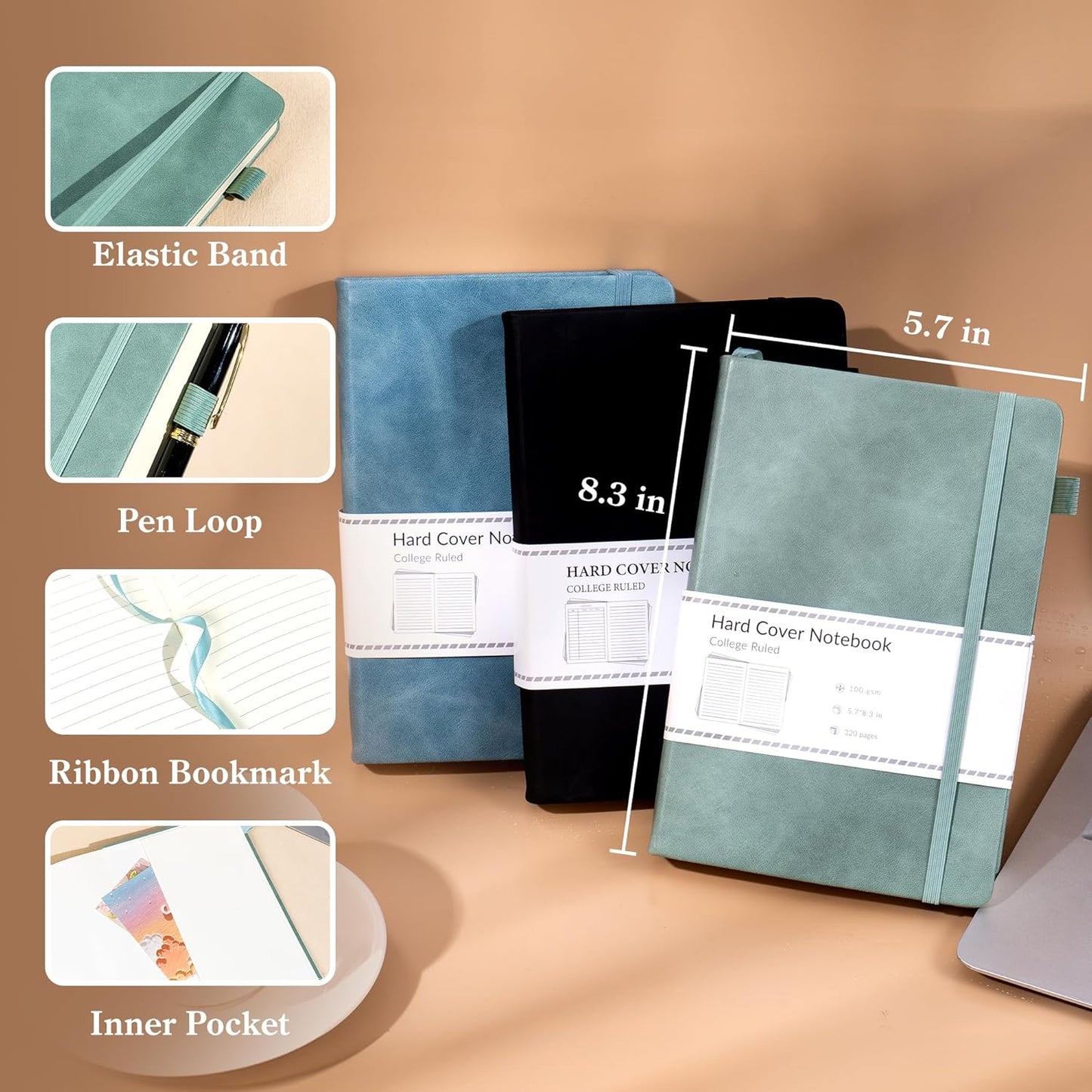 CAGIE Lined Journal Notebook for Women Men 320 Pages 100 Gsm Paper Thick Journaling Notebooks A5 Leather Journals for Writing Hardcover Journal Supplies for Work Note Taking Diary, 5.7x8.3 In, Green
