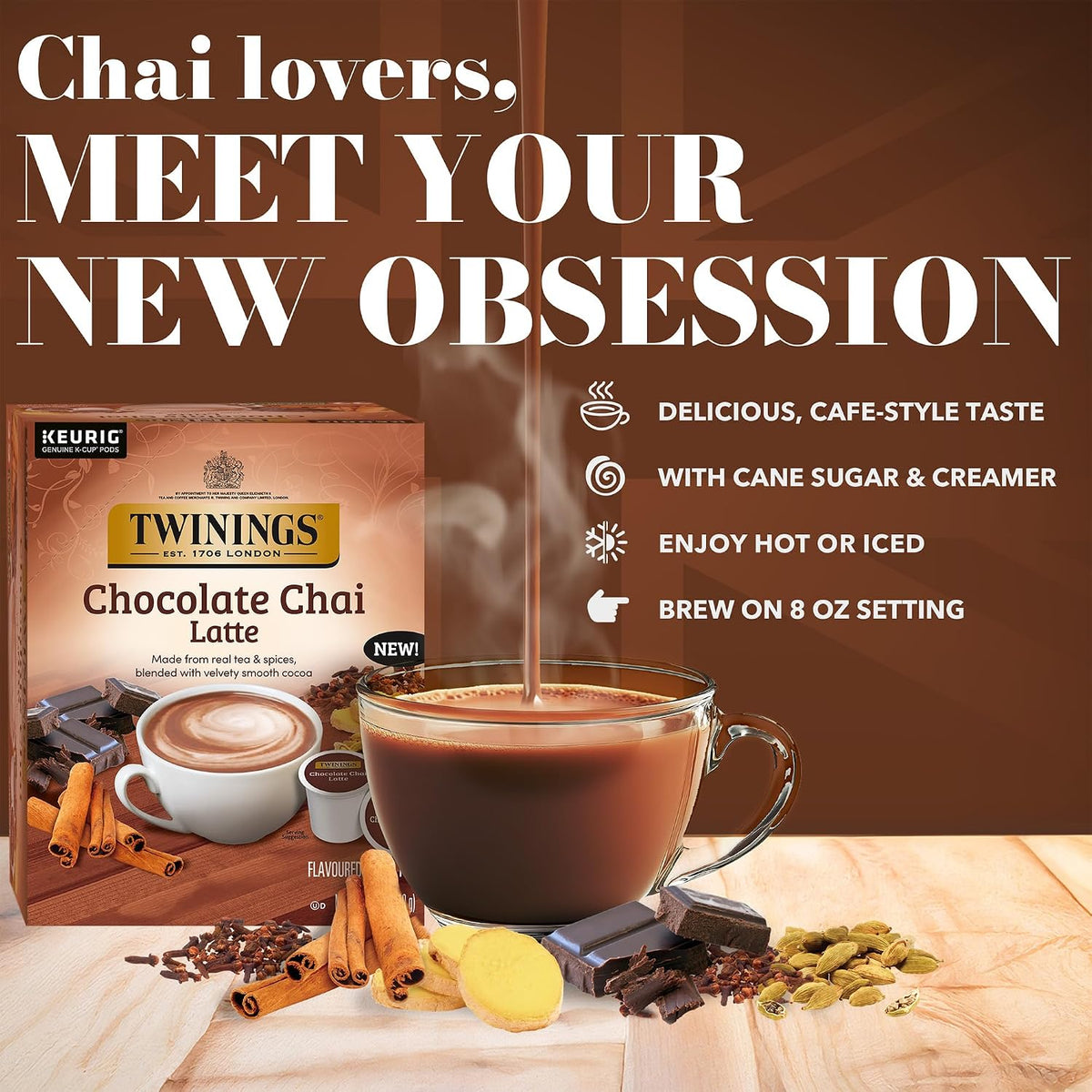 Twinings Chocolate Chai Latte Tea K-Cup Pods for Keurig, 22 Count (Pack of 1), Velvety Smooth Cocoa with Real Spiced Tea, Caffeinated, Enjoy Hot or Iced