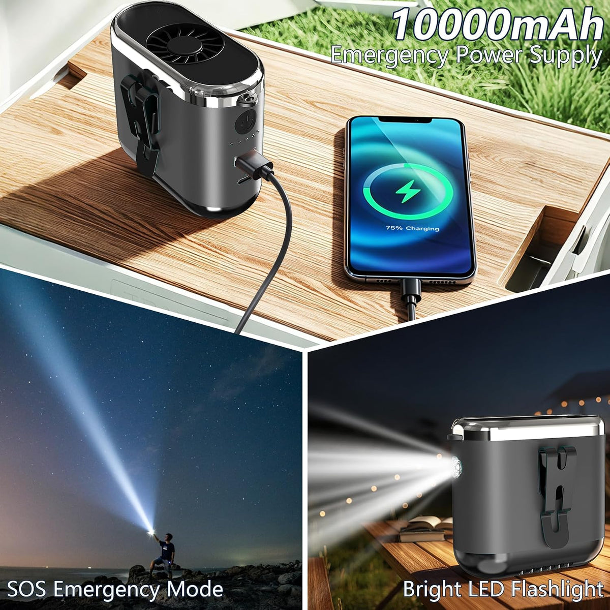 10000mAh Portable Waist Fan Clip On Rechargeable, Personal Wearable Belt Neck Fan with 5 Speeds & Flashlight, Hands-Free MAX 40H Work Time for Outside Jobsite Camping Travel (Black)