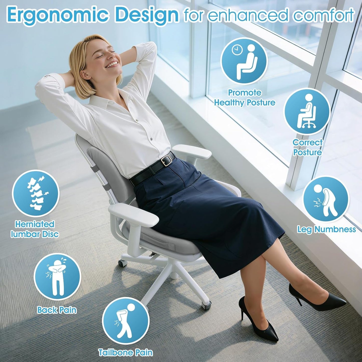 CushZone Ergonomic Seat Cushion & Lumbar Support Pillow - Memory Foam for Sciatica Pain Relief & Posture Correction, Non-Slip Chair Cushions for Office Chair/Car/Wheelchair/Travel (Black)