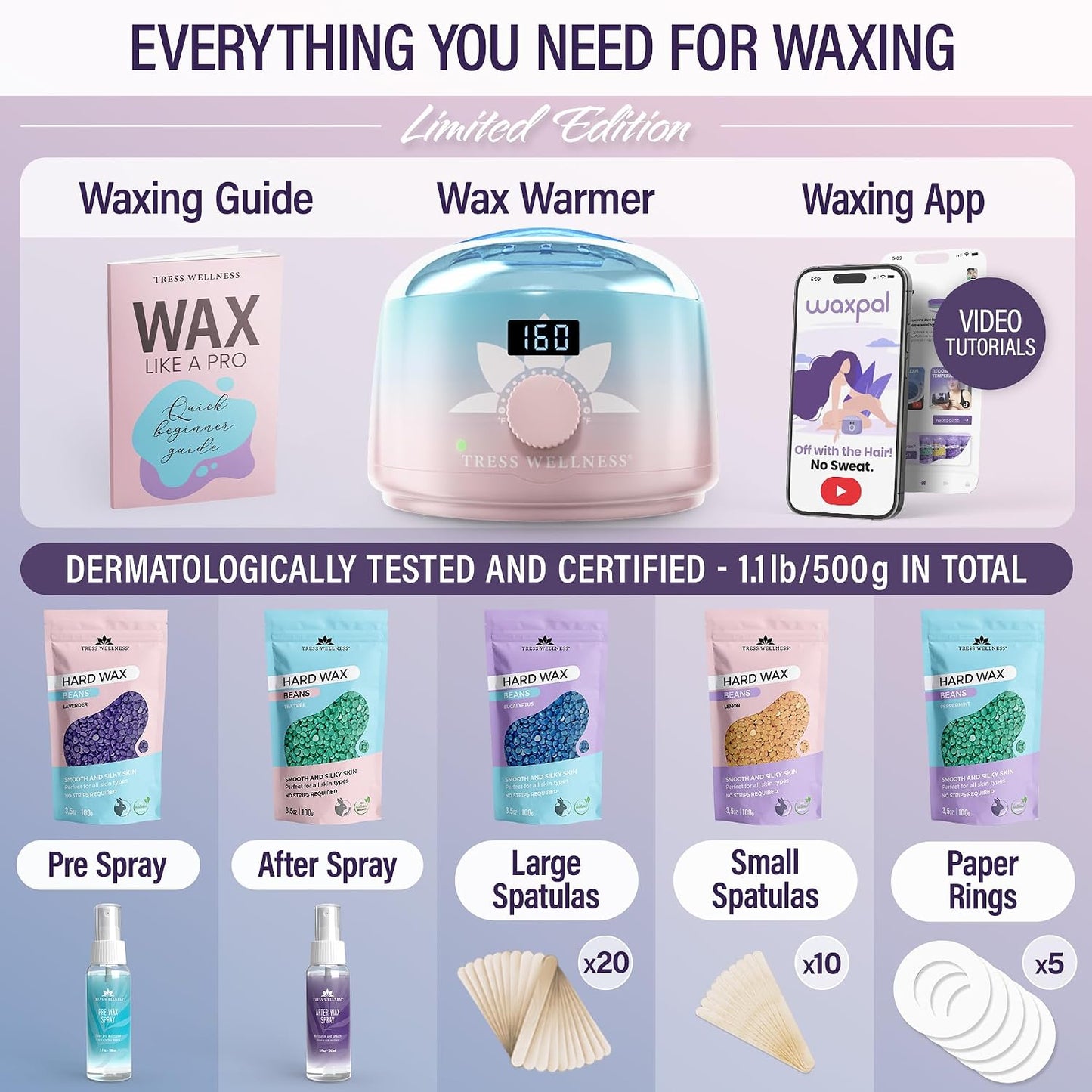 Tress Wellness Award Winning Waxing Kit for Sensitive Skin, Safe for Face & Skin, Easy to Use, At-Home Kit for Face, Bikini, Brazilian & Full Body - Digital Display, Black Purple Flower