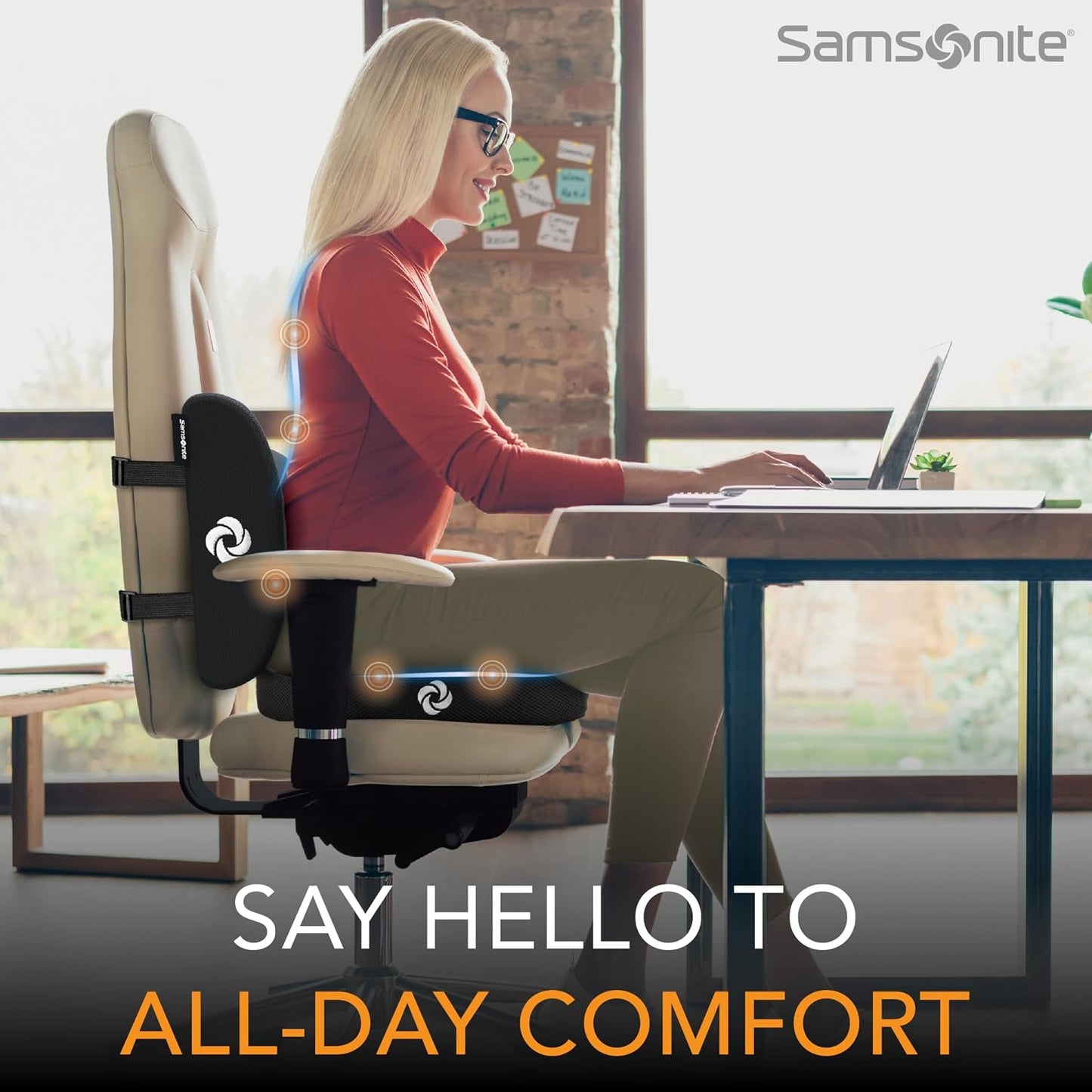 Samsonite Lumbar Support Pillow for Office Chair, Lower Back Support for Car, Back Pillow Desk Chair Cushion with Memory Foam, Improved Posture Backrest