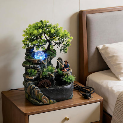 Mini Artificial Bonsai Tree Waterfall Fog Feature Rock Tabletop Fountain | 11in Desktop Decor Waterfall Fountain W/ Water Pump& Atomizer&LED Lights &Fake Tree Office Bedroom Relax