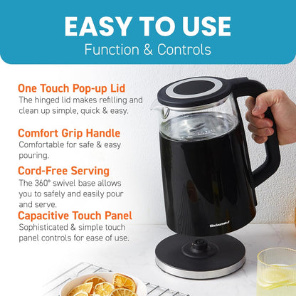Elite Gourmet 1.7L Dual-Wall Cool-Touch Tea Kettle, Touchscreen, Black