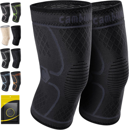 CAMBIVO 2 Pack Knee Braces for Women & Men, Knee Compression Sleeves for Knee Pain Relief, Knee Support with Non-Slip Silicone, Breathable, for Running, Workout, Weightlifting & Daily Use, Arthritis Support (Black, Medium)