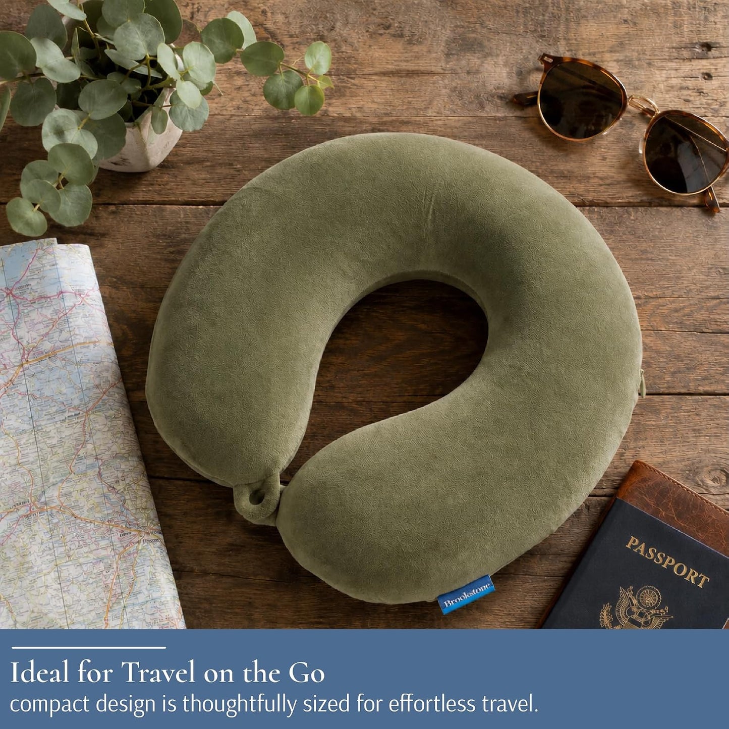 Brookstone Travel Neck Pillow - Lightweight U-Shaped Memory Foam Travel Pillow for Airplane, Car Travels & Sleeping, Blue