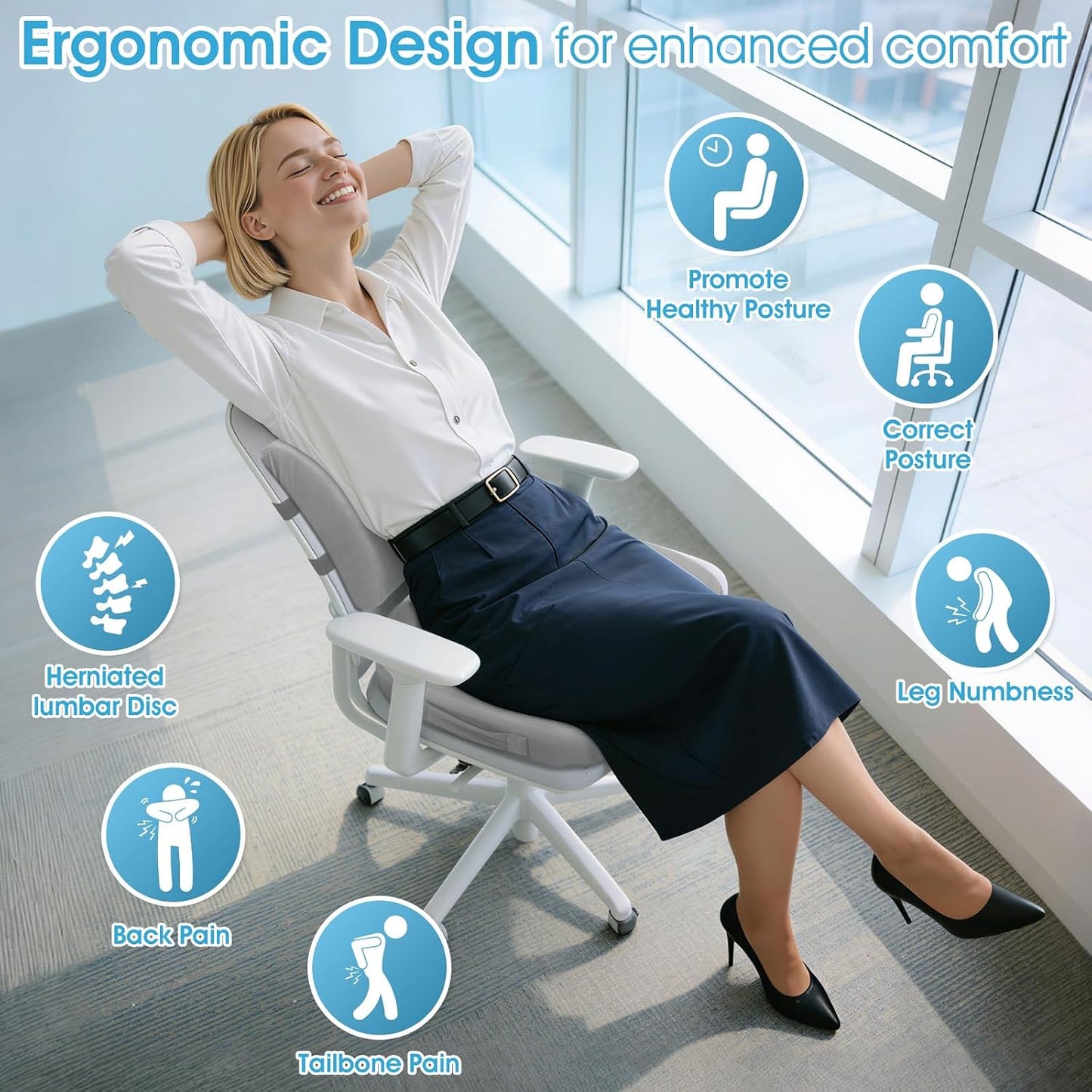 CushZone Ergonomic Seat Cushion & Lumbar Support Pillow - Memory Foam for Sciatica Pain Relief & Posture Correction, Non-Slip Chair Cushions for Office Chair/Car/Wheelchair/Travel (Black)