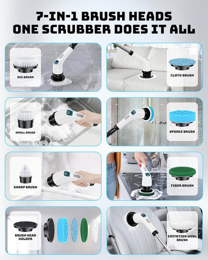 Electric Spin Scrubber for Bathroom | Shower Cleaner Brush with Long Handle | Dual Speed Cordless Power Scrubber with 7 Brushes Heads | IPX7 Waterproof Scrub Brush for Bath Tub Tile Grout Glass Tool