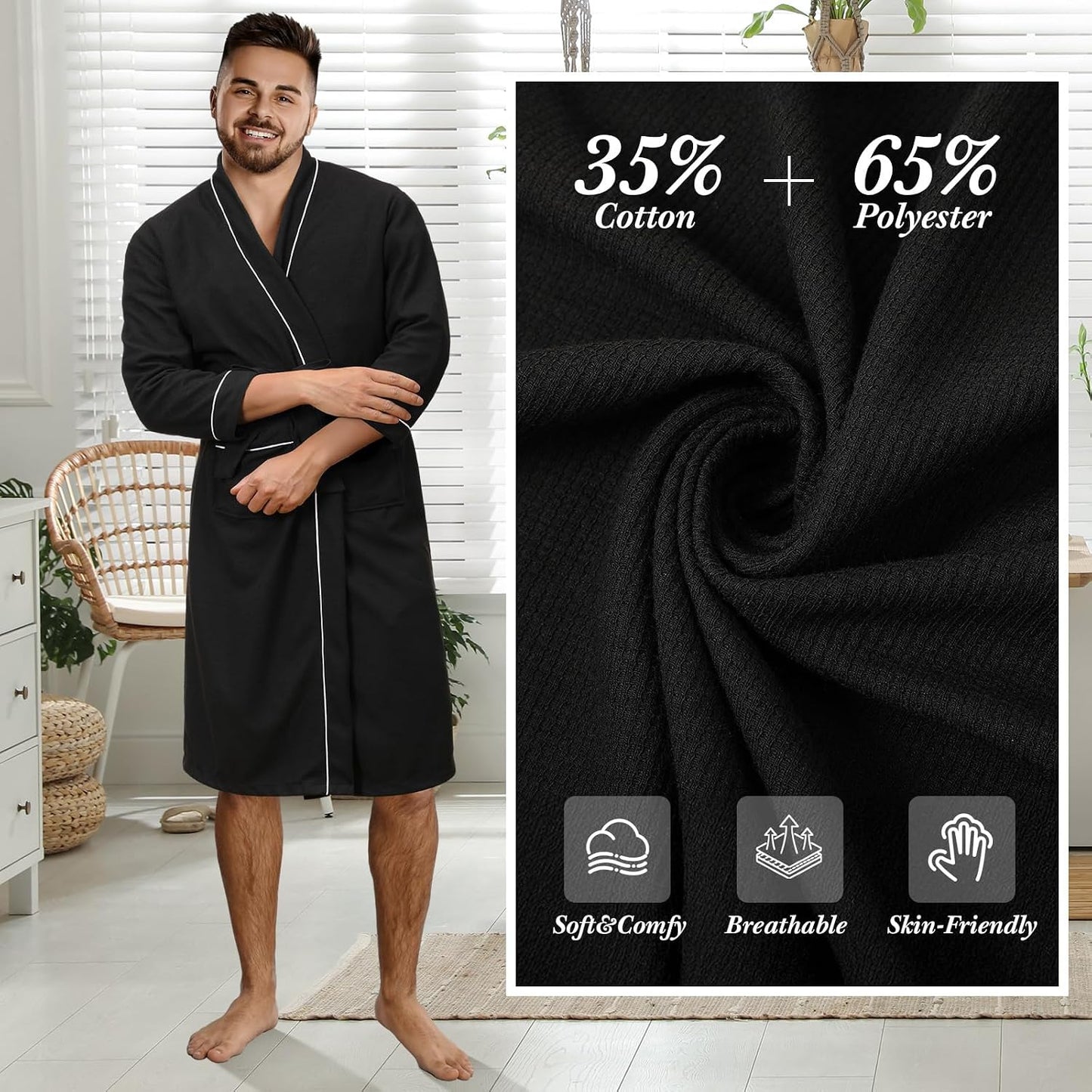 Cuffbow Cotton Robe for Women or Men Lightweight Waffle Knit Bathrobe Couple V Neck Spa Sleepwear(just 1 Set)