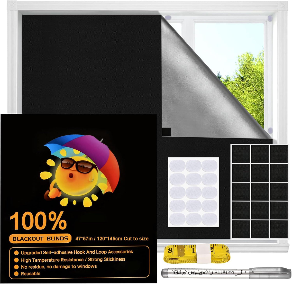 Blackout Window Cover, Upgraded Hook and Loop - Portable Shades No Residue and Longer Lasting, 100% Blackout Blinds for Window 79″ x 57″, Black Out Curtains for Bedroom and Baby Room 2m