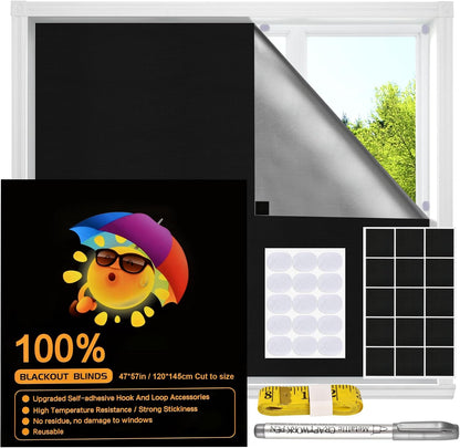 Blackout Window Cover, Upgraded Hook and Loop - Portable Shades No Residue and Longer Lasting, 100% Blackout Blinds for Window 79″ x 57″, Black Out Curtains for Bedroom and Baby Room 2m