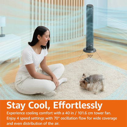 Amazon Basics 28" 60-Degree Oscillating Tower Fan with Powerful Airflow for Bedroom, Living Room, Office, 3 Speeds, Mechanical Control, Air Circulator, 35W, 27.8"H x 9.4"D x 9.4"W, Black