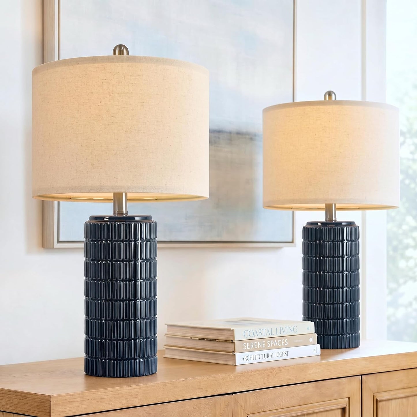 PoKat 23" Modern Ceramic Table Lamp Set of 2 for Living Room White Desk Lamps for Bedroom Farmhouse Bedside Nightstand Lamp House Warming Gifts New Home Decor End Table Lamps Gifts for Women Mom Beige