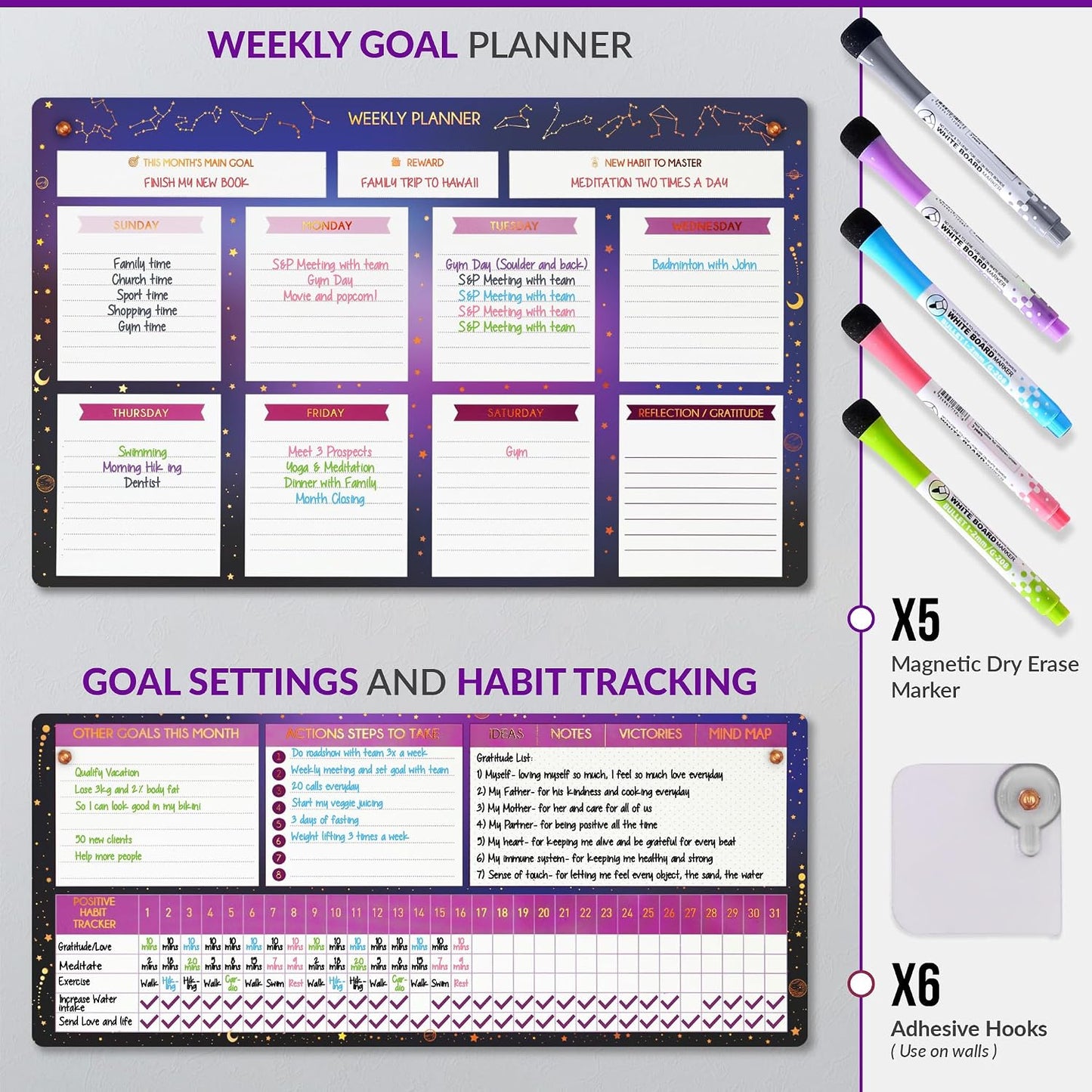 Magnetic Whiteboard for Fridge - Large Dry Erase Calendar for Wall | 2 Magnetic Dry Erase Board 10.5" x 16.5" & 7" x 16.5", Monthly Goal Setting & Habit Tracker, 5 Markers and 6 Adhesive Hooks
