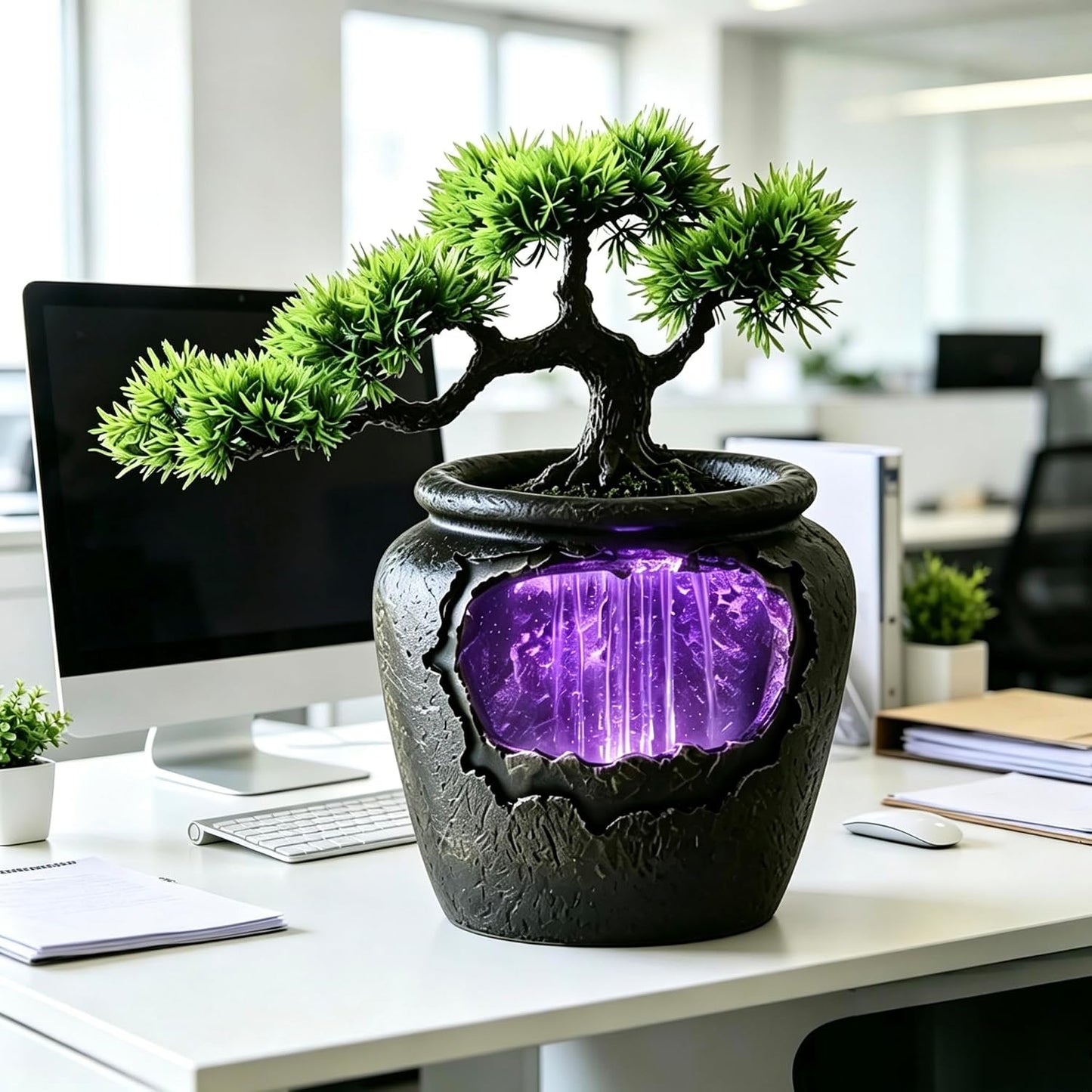 Mini Artificial Bonsai Tree Waterfall Fog Feature Rock Tabletop Fountain | 11in Desktop Decor Waterfall Fountain W/ Water Pump& Atomizer&LED Lights &Fake Tree Office Bedroom Relax