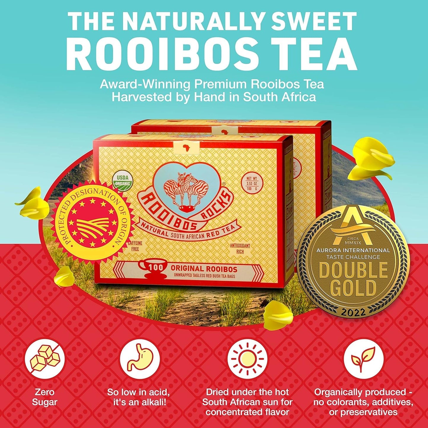 Caffeine Free Organic Rooibos Tea Bags 80 - Naturally Sweet Herbal Tea Safe for Kids & Pregnant Women – Low Tannin Premium South African Tea Red Tea - Sustainably & Ethically Farmed Red Rooibos Tea