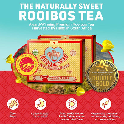 Caffeine Free Organic Rooibos Tea Bags 80 - Naturally Sweet Herbal Tea Safe for Kids & Pregnant Women – Low Tannin Premium South African Tea Red Tea - Sustainably & Ethically Farmed Red Rooibos Tea
