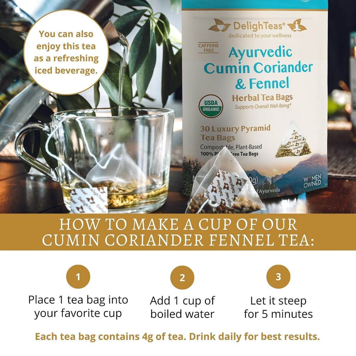 DelighTeas Organic Digest & Detox CCF Tea | Eco-friendly, Compostable Pyramid Tea Bags | Ayurvedic Cumin, Coriander, Fennel Tea | USDA Organic, Caffeine Free, Kosher | 30 Tea Bags, 4g each