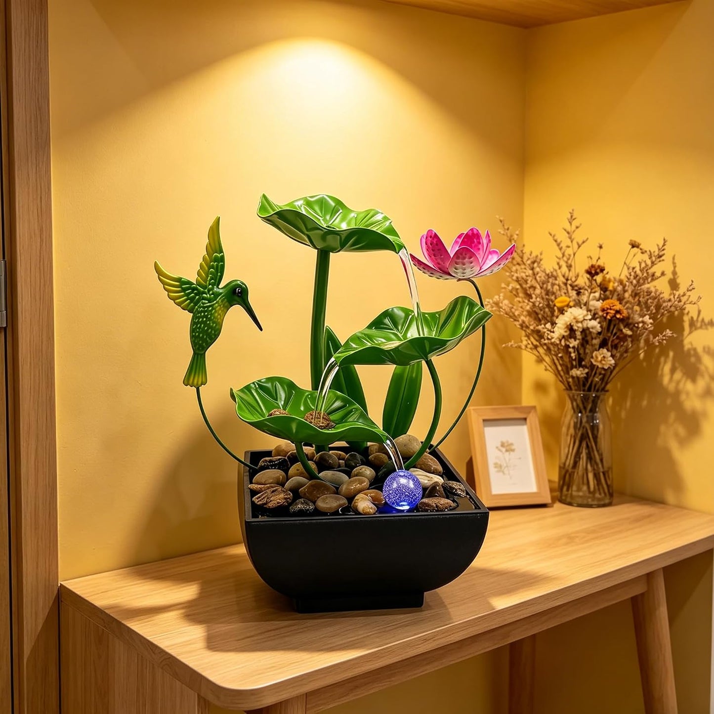 Tabletop Fountain,Indoor Water Fountain,Home Fengshui Décor Zen Relaxation Soothing Sound Machine for Office,Living Room,or Bedroom,Green Lotus,Hummingbird & Pink Flower,9.1inch